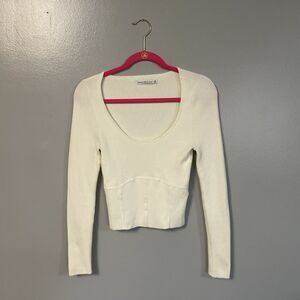Abercrombie & Fitch Ivory Ribbed Knit Scoop Neck Cropped Blouse Medium